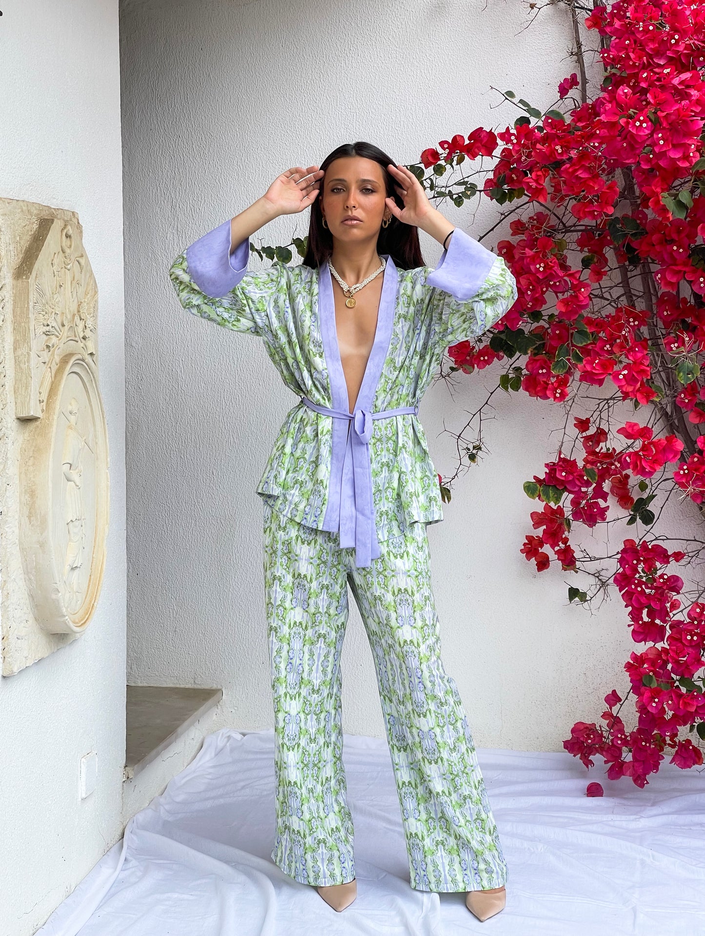 TIE BELT KIMONO | LILAC AND LIME
