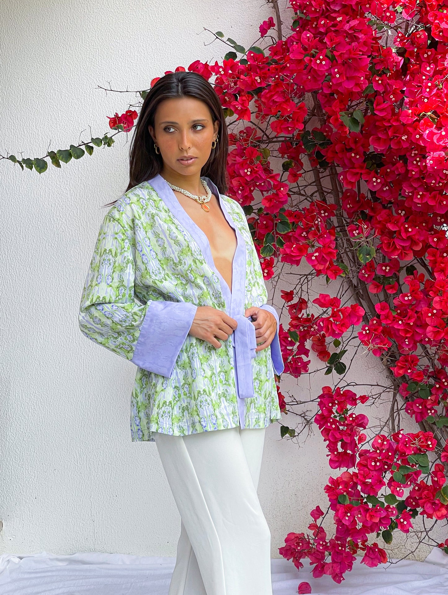 TIE BELT KIMONO | LILAC AND LIME