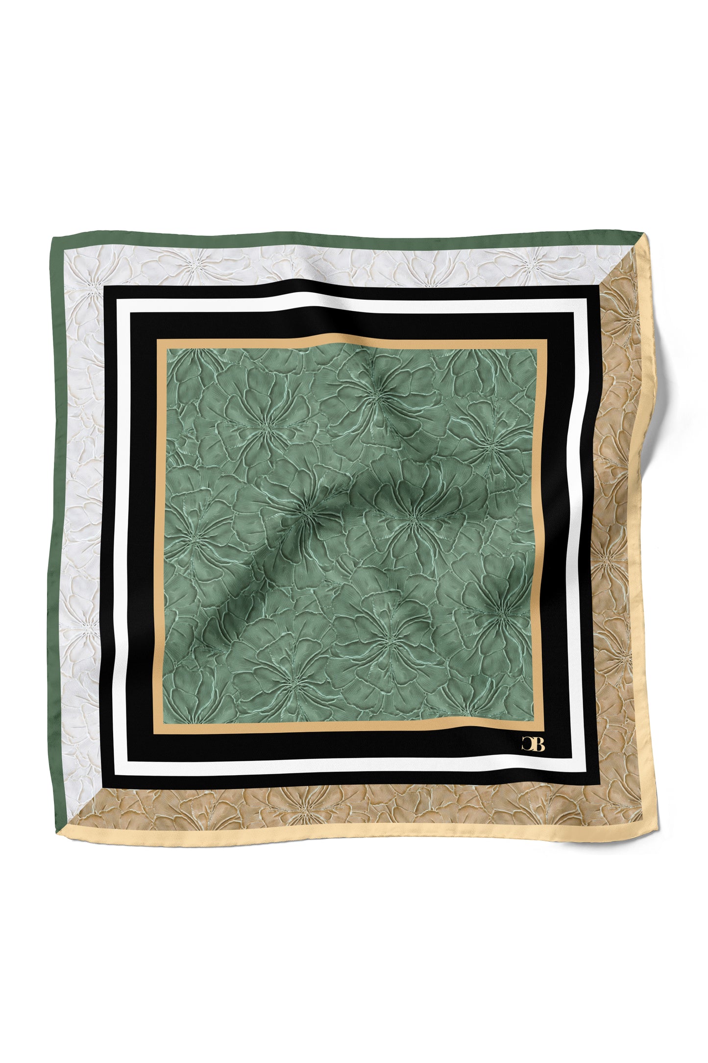 Square scarf with green patterned center and multicolored border on a white background