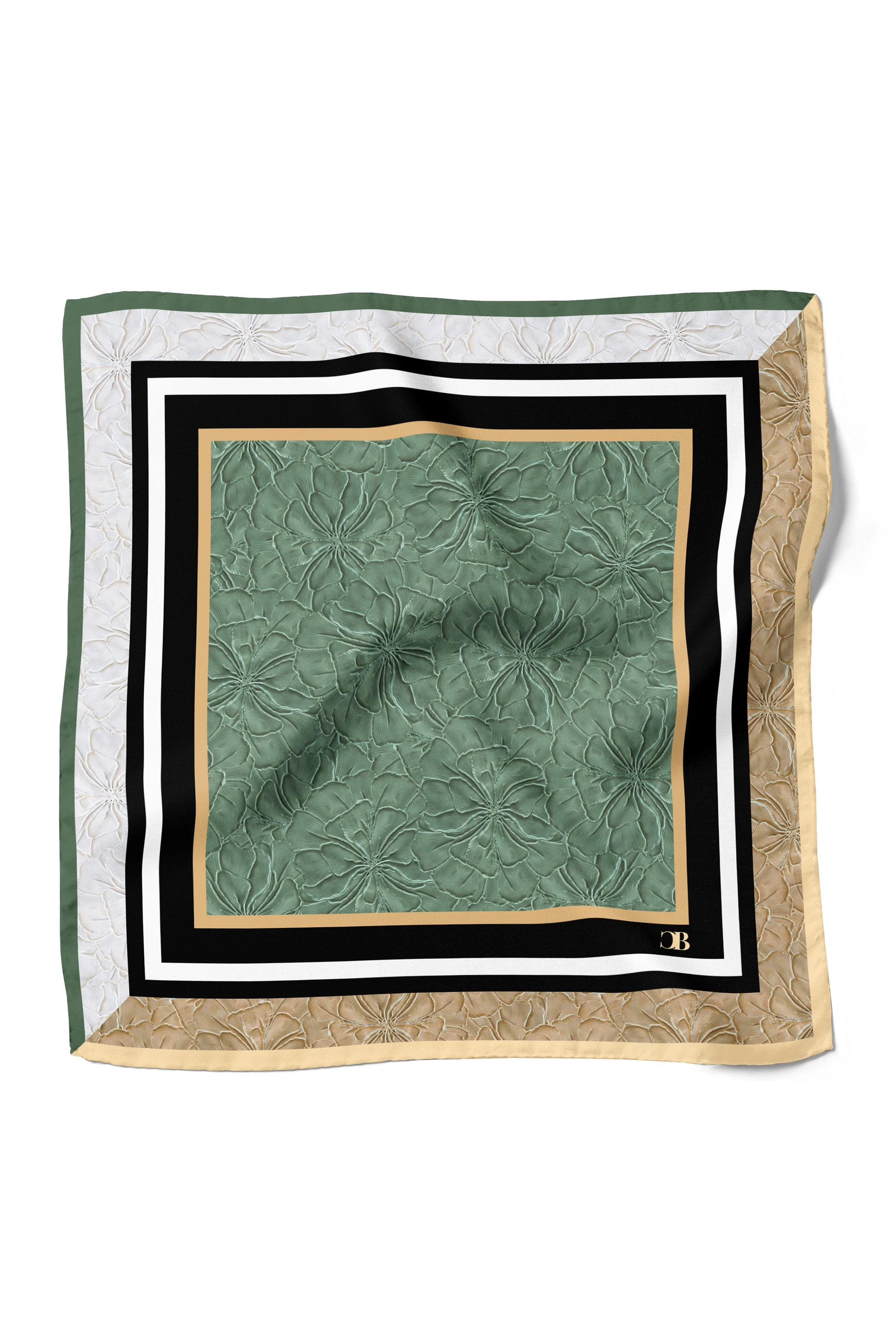 Square scarf with green patterned center and multicolored border on a white background